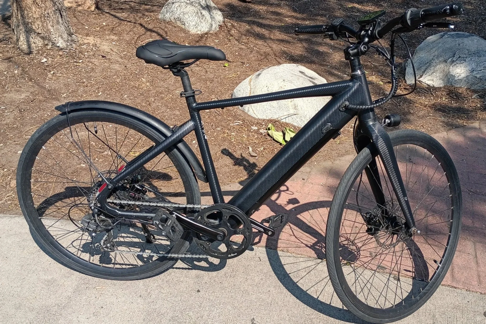 Black bicycle with carbon fiber frame, parked on a park sidewalk near trees and rocks.