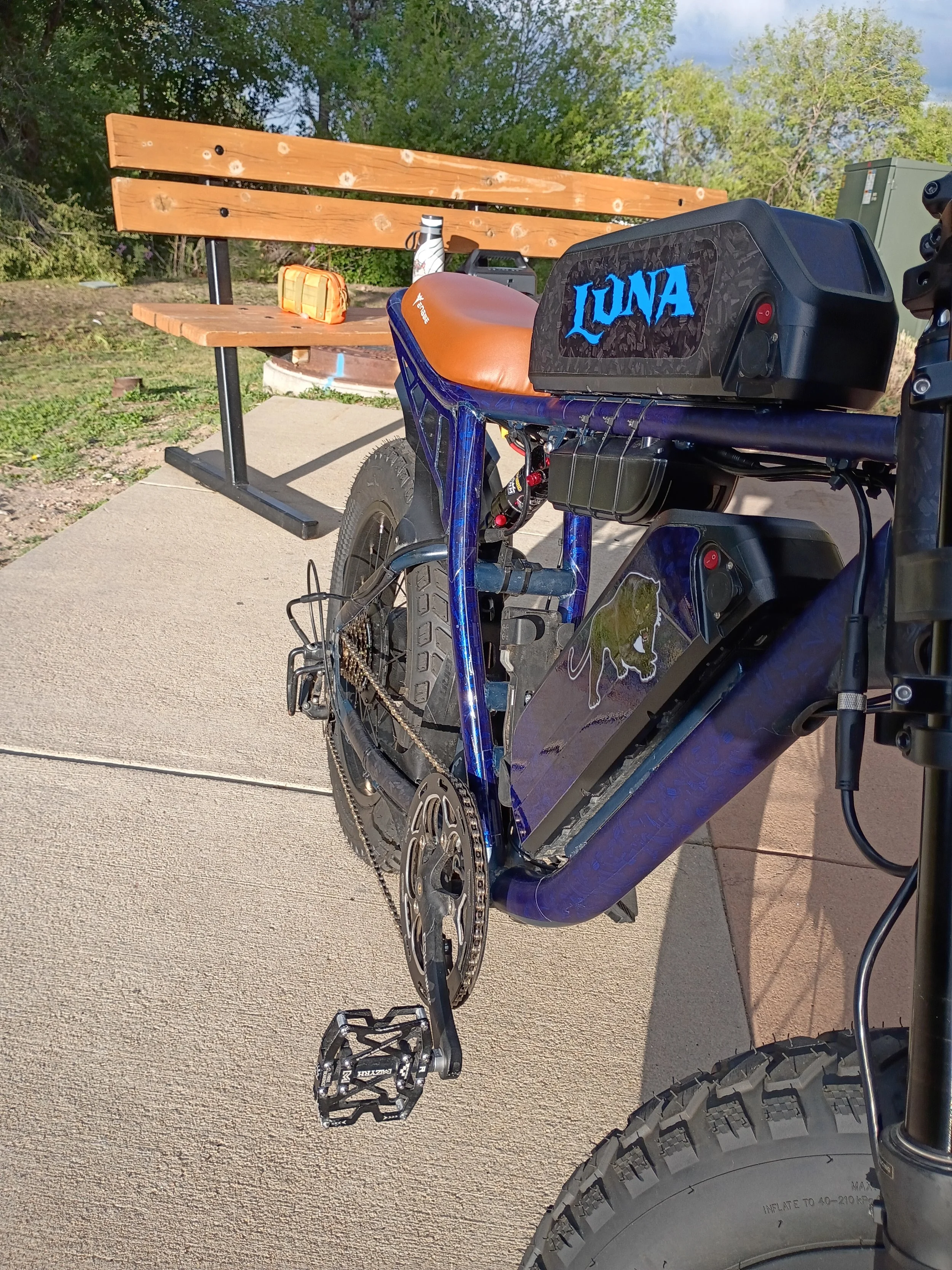 Close-up view of an electric bicycle with a black battery labeled 'LUNA' and a brown leather saddle, parked on a sidewalk with a wooden bench and green trees in the background.