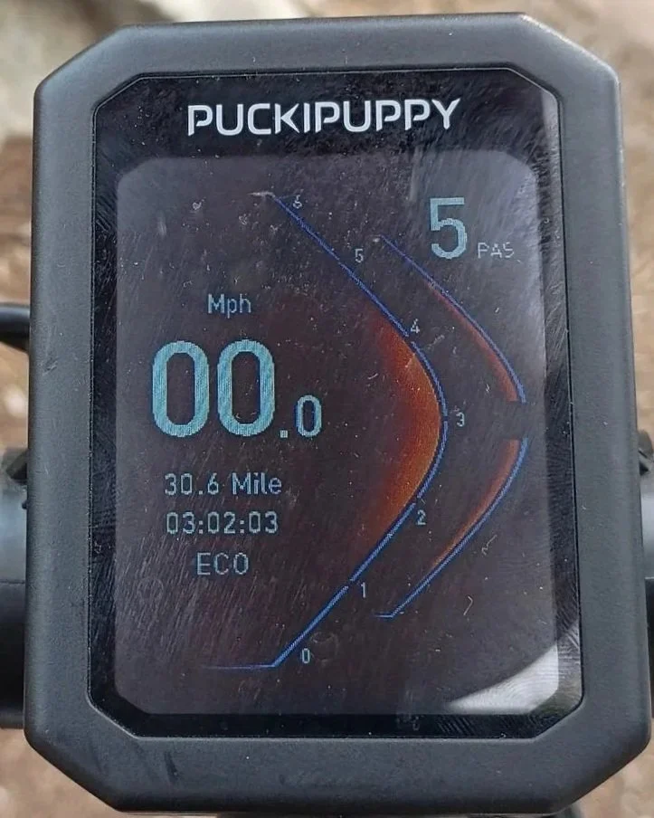 Digital motorcycle dashboard displaying 0 miles per hour, a distance of 30.6 miles, ride time of 3 hours, 2 minutes, and 3 seconds, ECO mode, and a gear indicator showing 5.