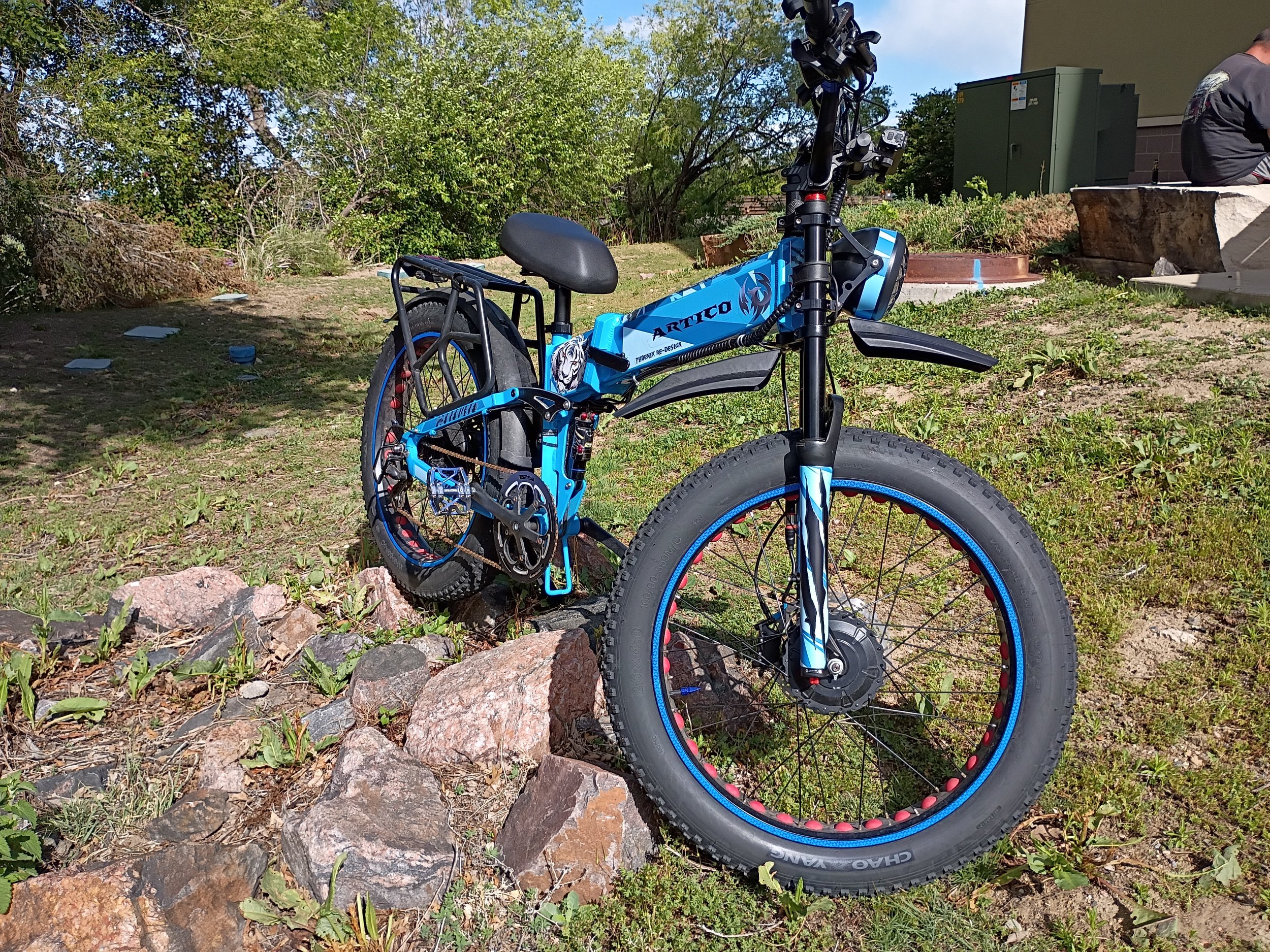 Blue mountain bike with black tires and red accents resting against rocks on a grassy area with trees in the background, partially seen in the corner of a building.