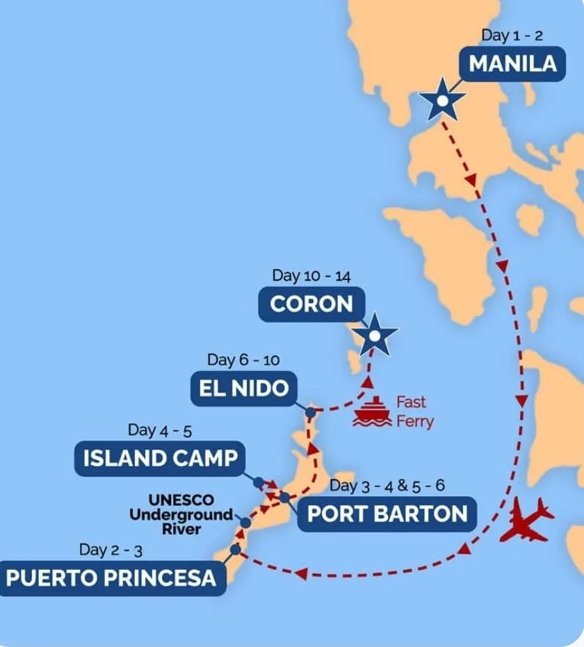 Map of a cruise route in the Philippines, showing stops at Puerto Princesa, Island Camp, El Nido, Coron, Port Barton, and Manila with travel days indicated between stops.