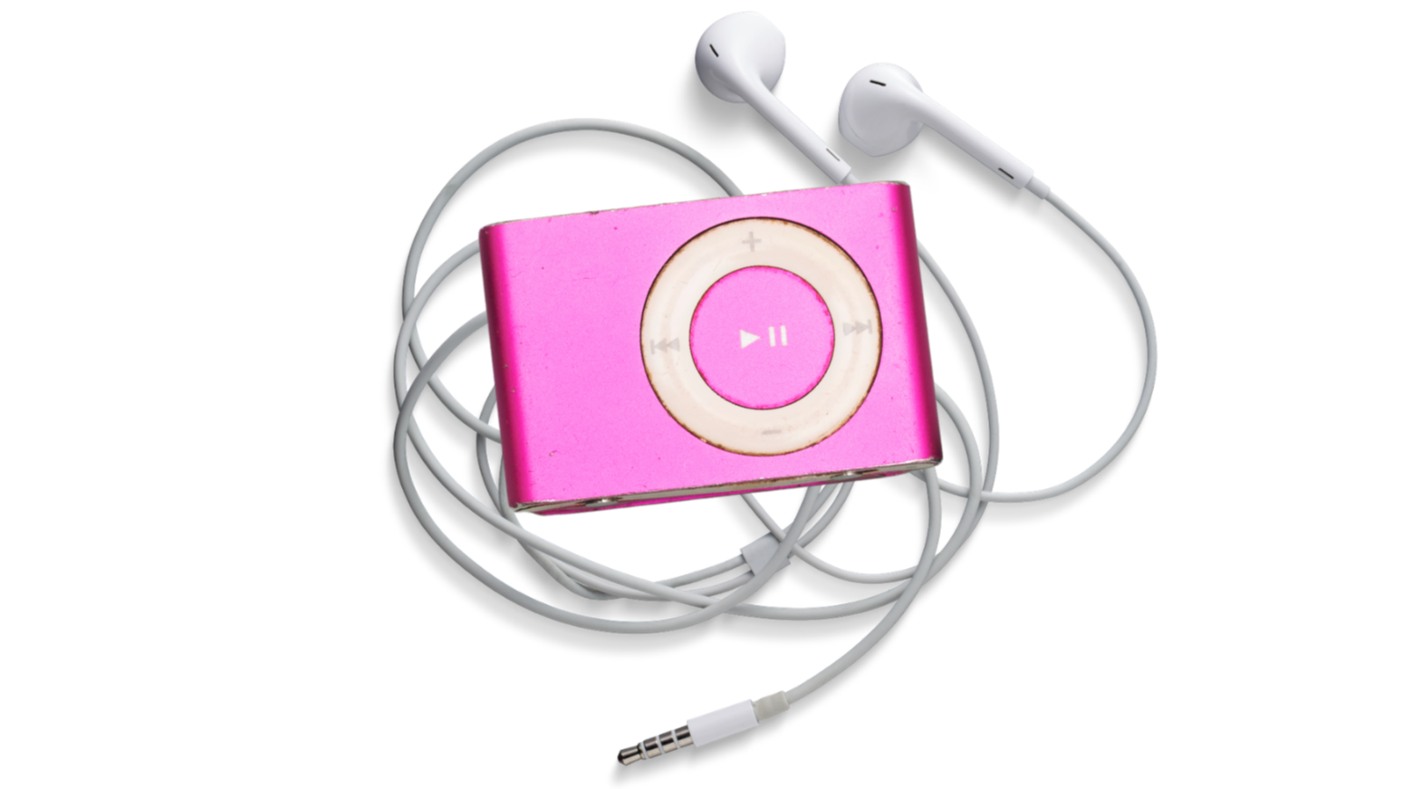 Pink iPod with white earphones tangled around it, on a black background.