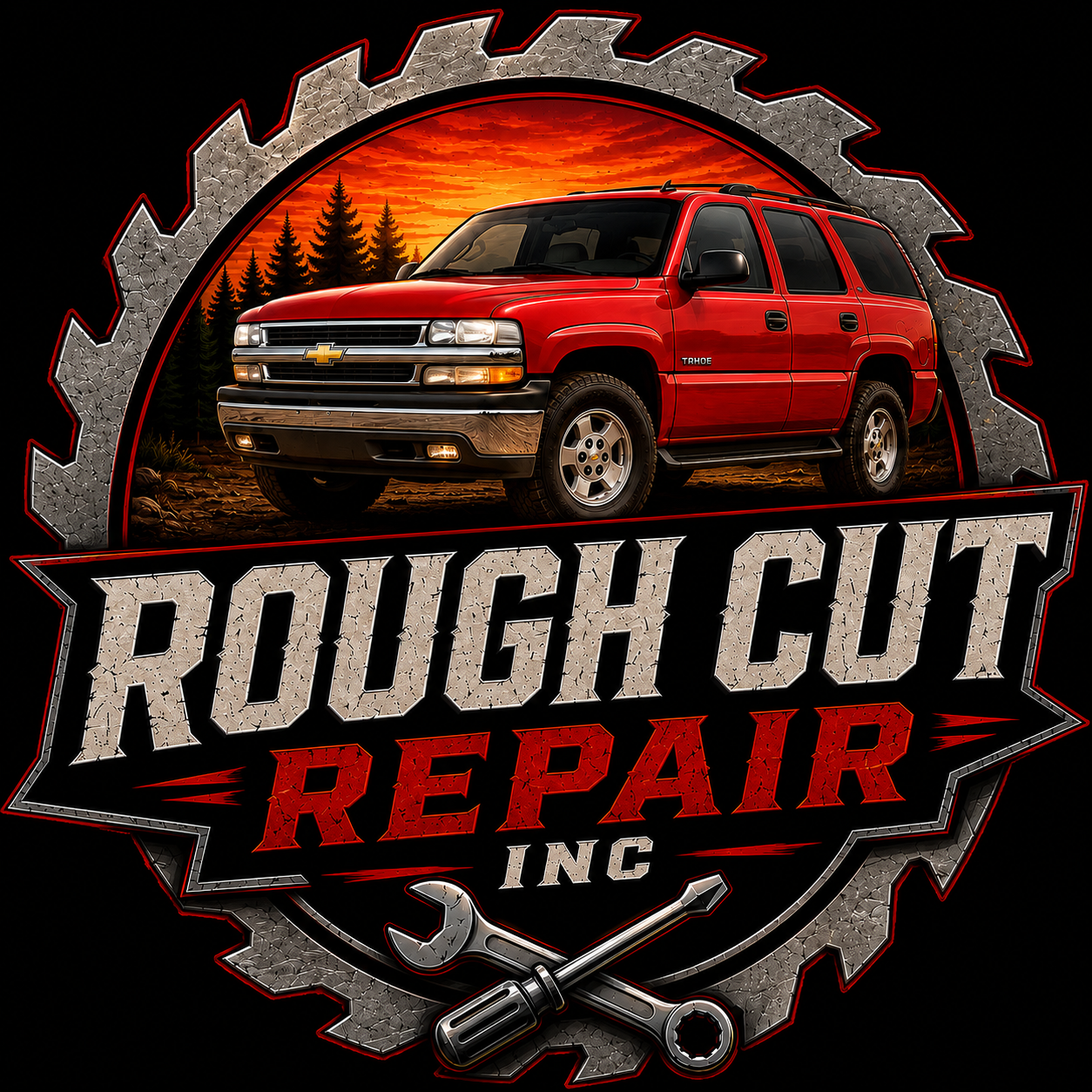 Logo for Rough Cut Auto Repair Inc featuring a red Chevrolet SUV with a sunset and forest background, a gear outline, and a wrench and screwdriver below the text.