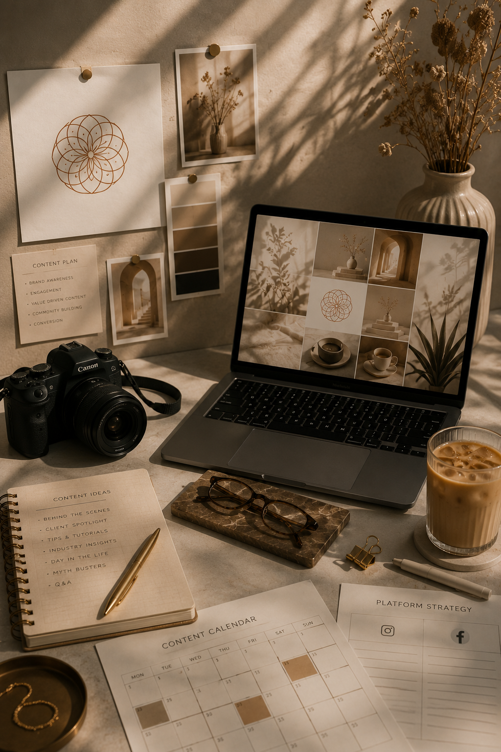 Modern creative workspace with a camera, laptop, and digital marketing content strategy notes.