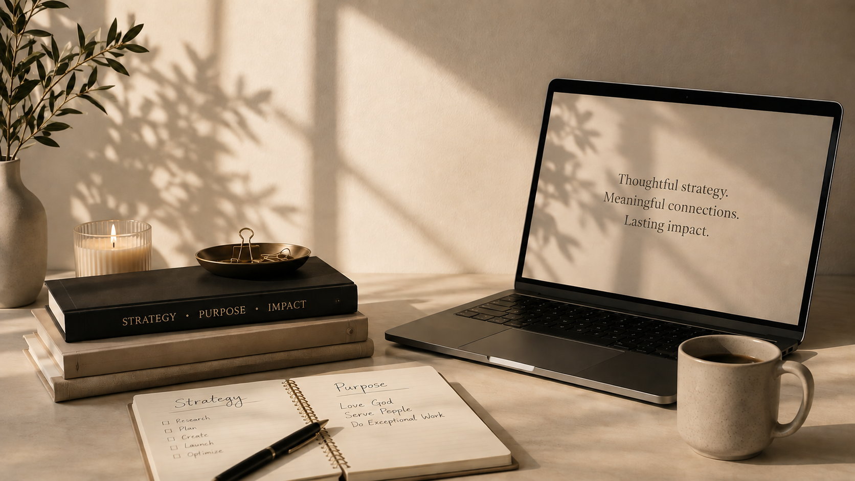A desk setup with a lit candle, potted plant, a tray of paperclips, a stack of three books titled 'Strategy', 'Purpose', and 'Impact', an open notebook with a handwritten list of strategy and purpose points, a pen, a laptop displaying text about strategy, and a coffee mug, all illuminated by natural light.