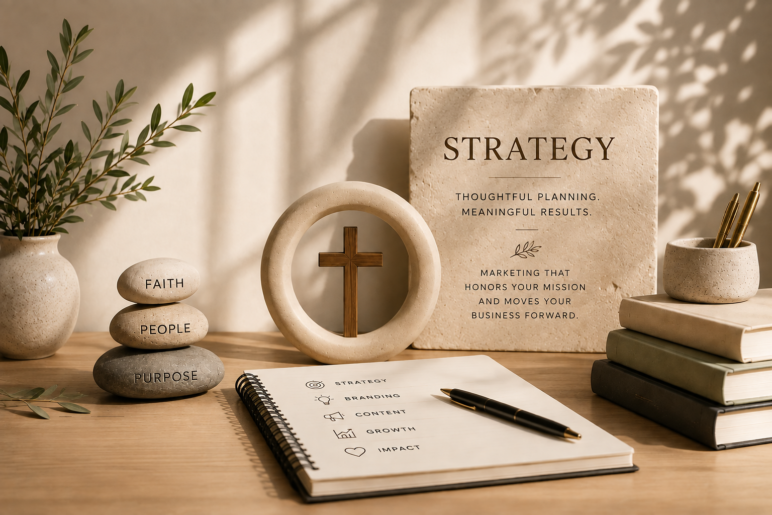 A workspace with a potted plant, a stone bookend with the word FAITH, PEACE, PURPOSE stacked stones, a framed cross, a large sign about strategy, a notebook with strategy-related notes, a pen, and a stack of books and a small bowl with pens, all decorated with natural light and shadows.