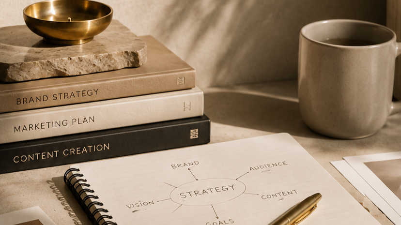 Desk with stacked books titled 'Brand Strategy', 'Marketing Plan', and 'Content Creation', a notebook with a diagram of strategy components, a gold pen, a ceramic mug, a brass bowl on a stone platform, and papers.