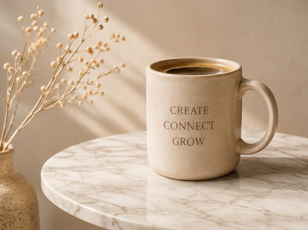 A beige ceramic mug with the words "CREATE CONNECT GROW" printed on it, filled with coffee, placed on a round marble table next to a vase with dried white flowers.