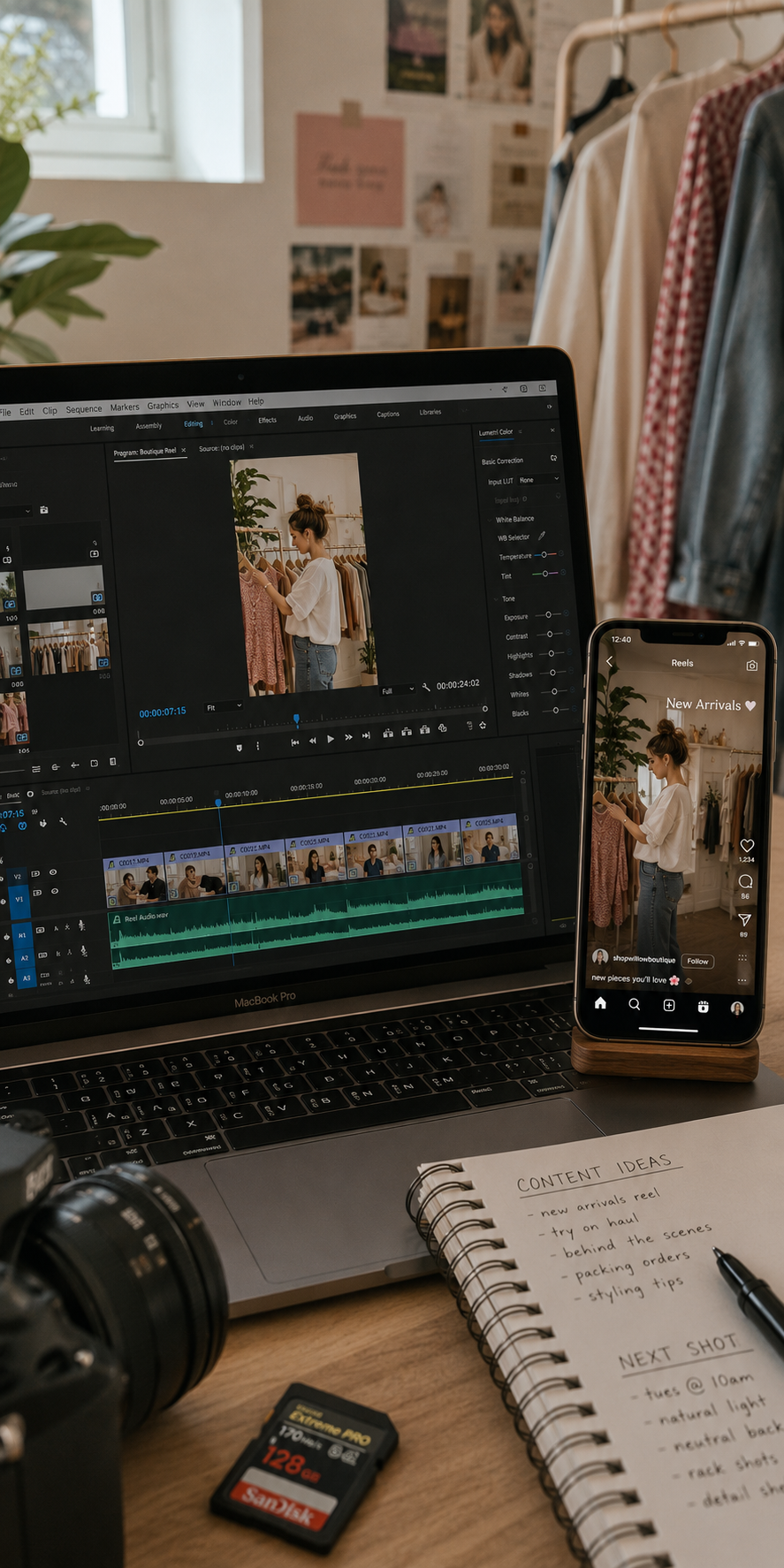 A workspace with a laptop displaying video editing software, a smartphone showing a shopping video, a notebook with content ideas, a camera, and a memory card on a wooden desk. Clothing racks and a wall with photos are in the background.