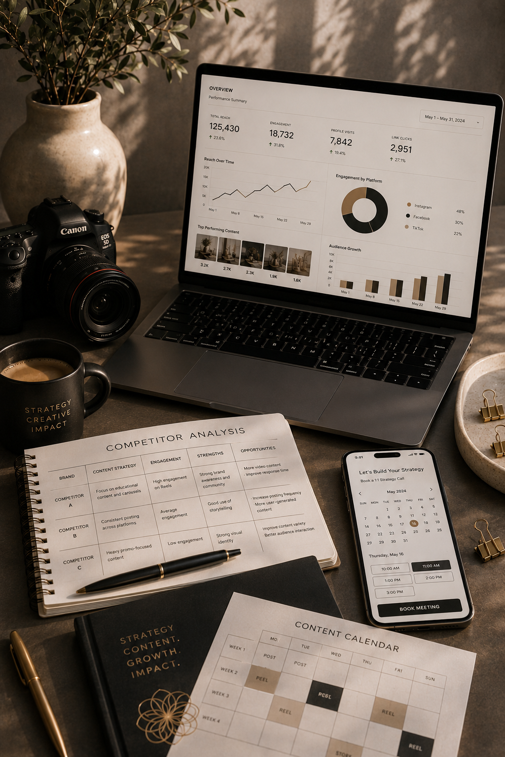 A marketing workspace with a laptop displaying social media analytics, a camera, a smartphone, a planner, a notebook, a pen, a cup of coffee, and decorative items including a plant and paper clips.