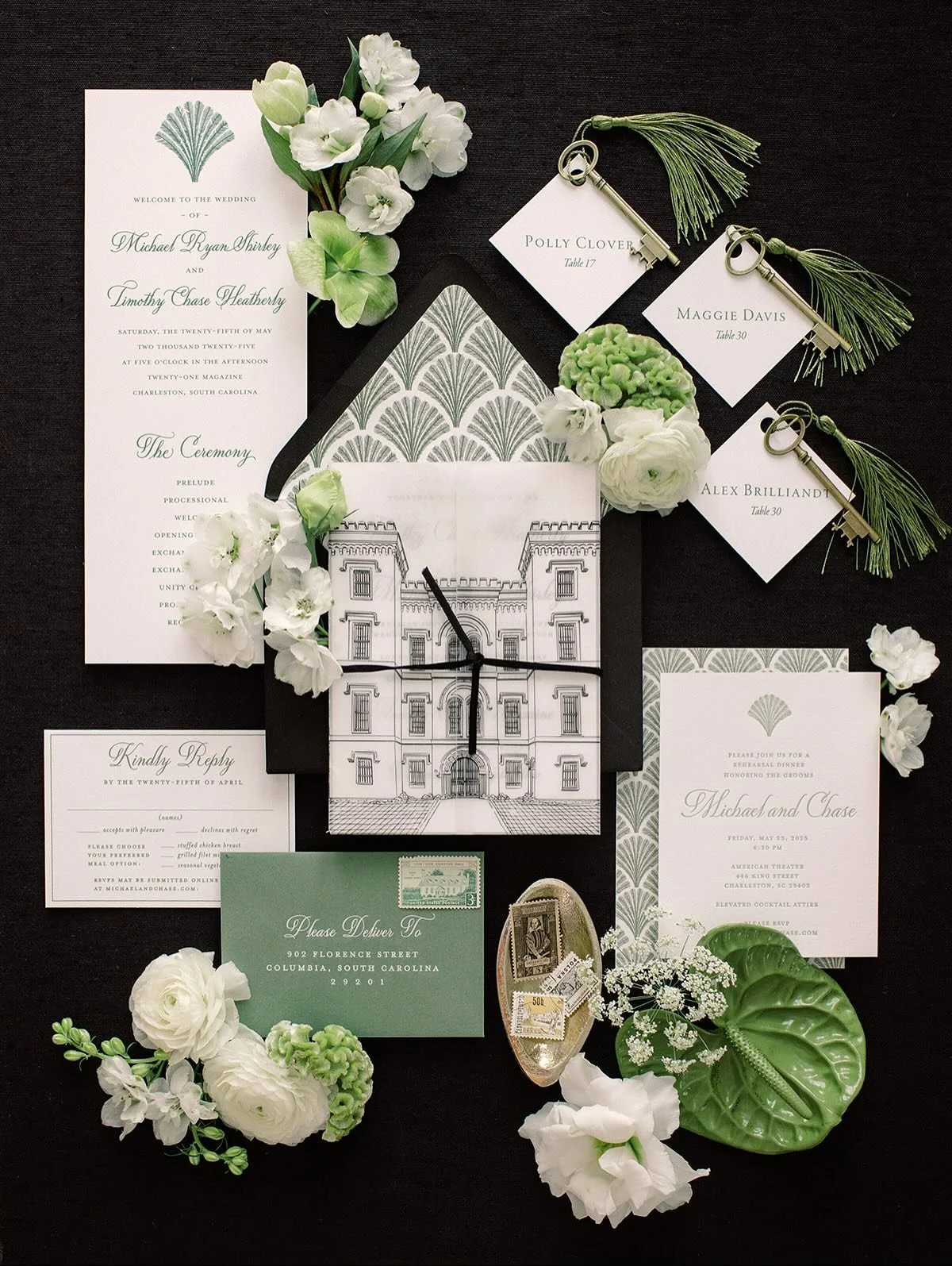 Creative couples make our job so much fun &mdash; and working with @chaseheatherly &amp; @michaelshirleysc was a total highlight. ✨🖤💚 From the first design consultation, we knew they wanted something unique, intentional, and full of personality.

T