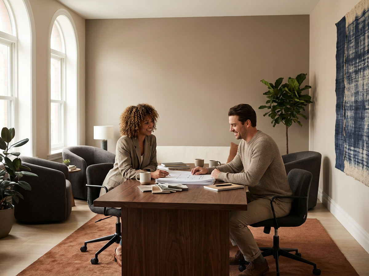 Two people sitting at a wooden desk in a well-lit office, smiling and talking during a meeting or discussion, with office supplies and cups on the desk.