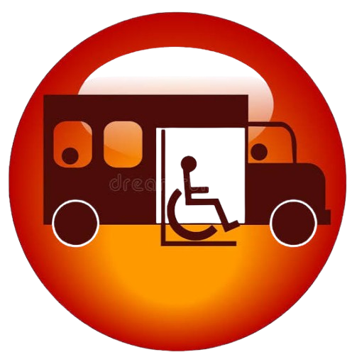A wheelchair-accessible vehicle icon inside a red circular background.