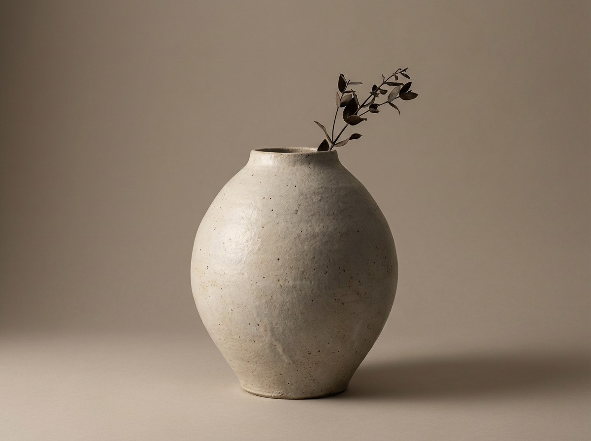 A simple, textured beige ceramic vase with a single dried branch inside, placed against a neutral background.