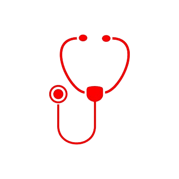 A red stethoscope with black earpieces and red tubing.