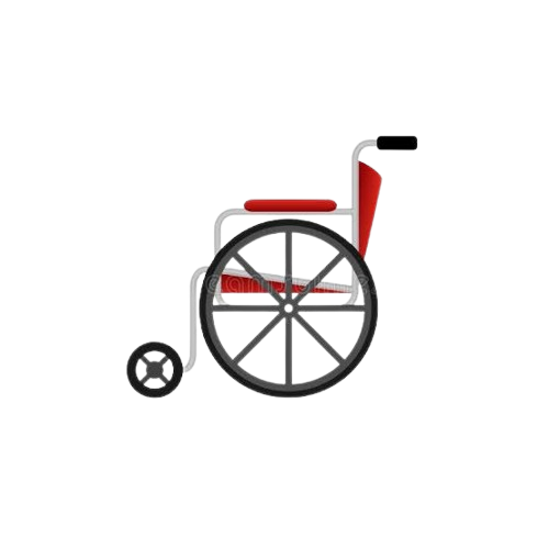 Illustration of a wheelchair with a red seat and backrest, and a red part on the handle, set against a black background.