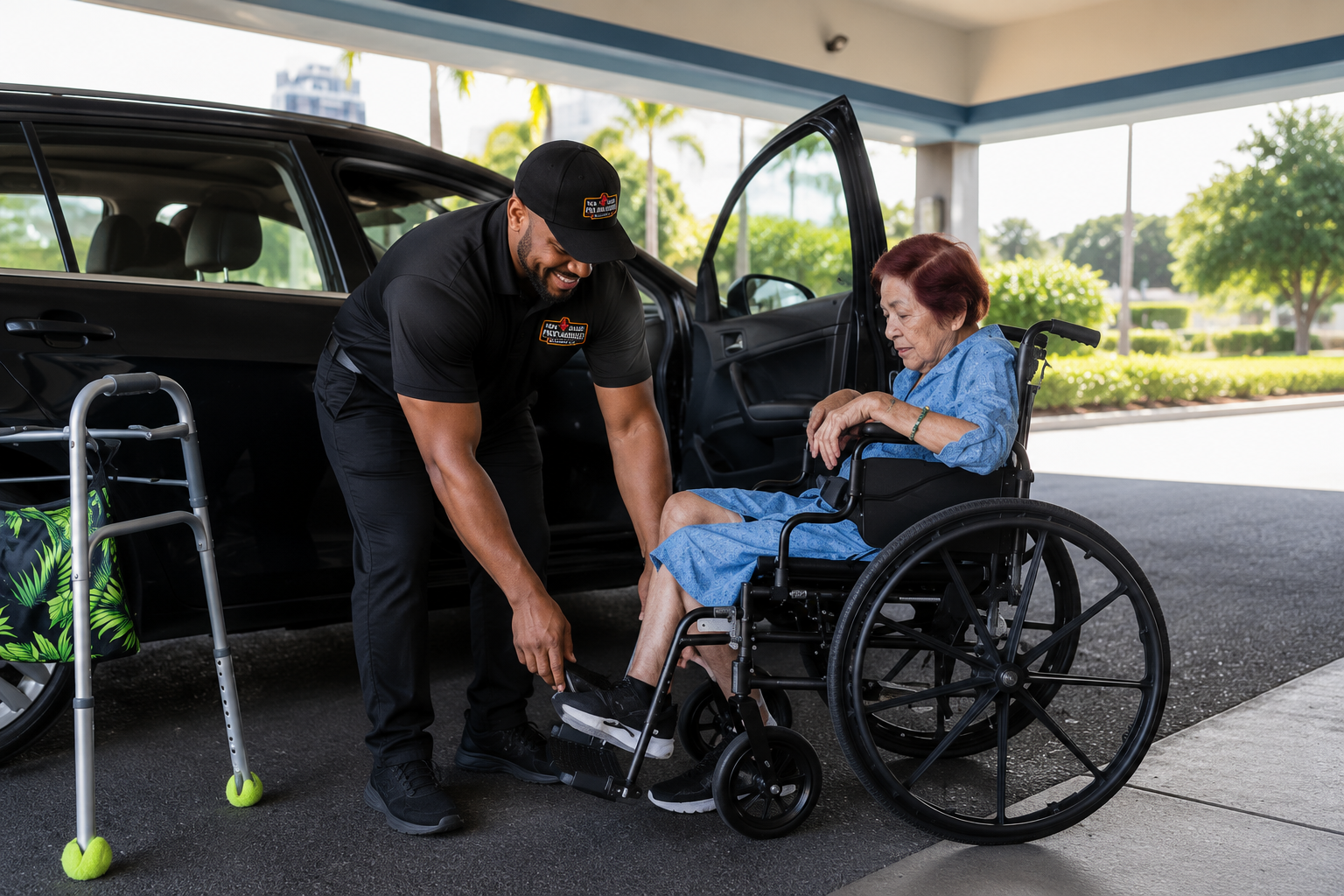 A caregiver helping an elderly woman in a wheelchair. The woman is sitting, wearing a blue hospital gown, and the caregiver is adjusting her shoe near a black car with an open door in an outdoor setting with trees and clear sky.