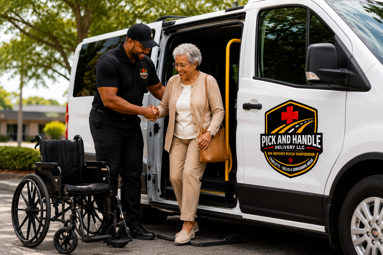 A male delivery driver shaking hands with an elderly woman exiting a white delivery van with a logo that says "Pick and Handle Delivery LLC." The woman is using a wheelchair nearby, and the scene is outdoors in a parking lot with trees and buildings in the background.