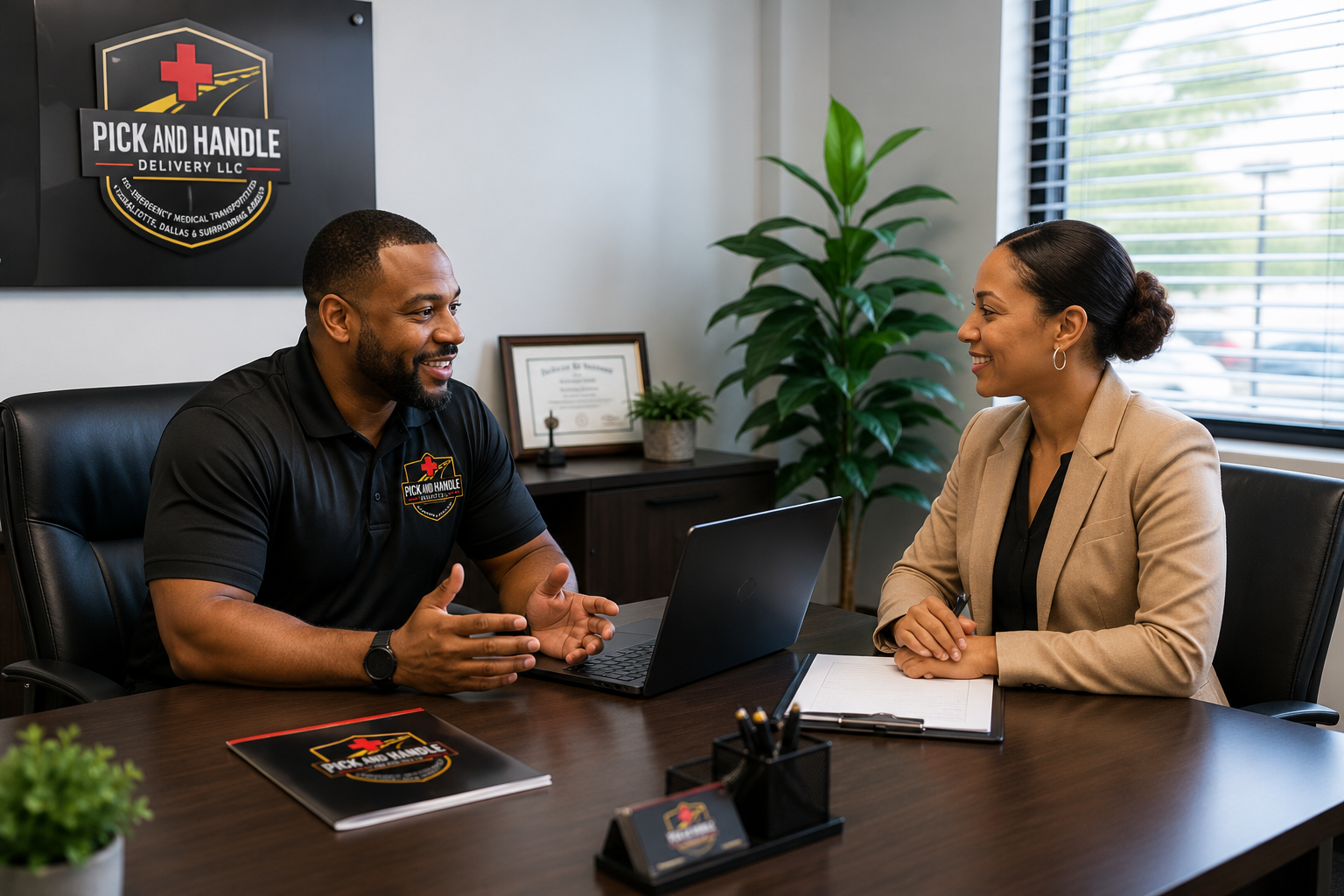 Two people in a meeting room having a discussion, with a logo on the wall behind them that reads 'Pick and Handle Delivery LLC'.