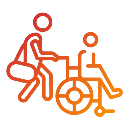 Line drawing of a person in a wheelchair pushing another person in a wheelchair.