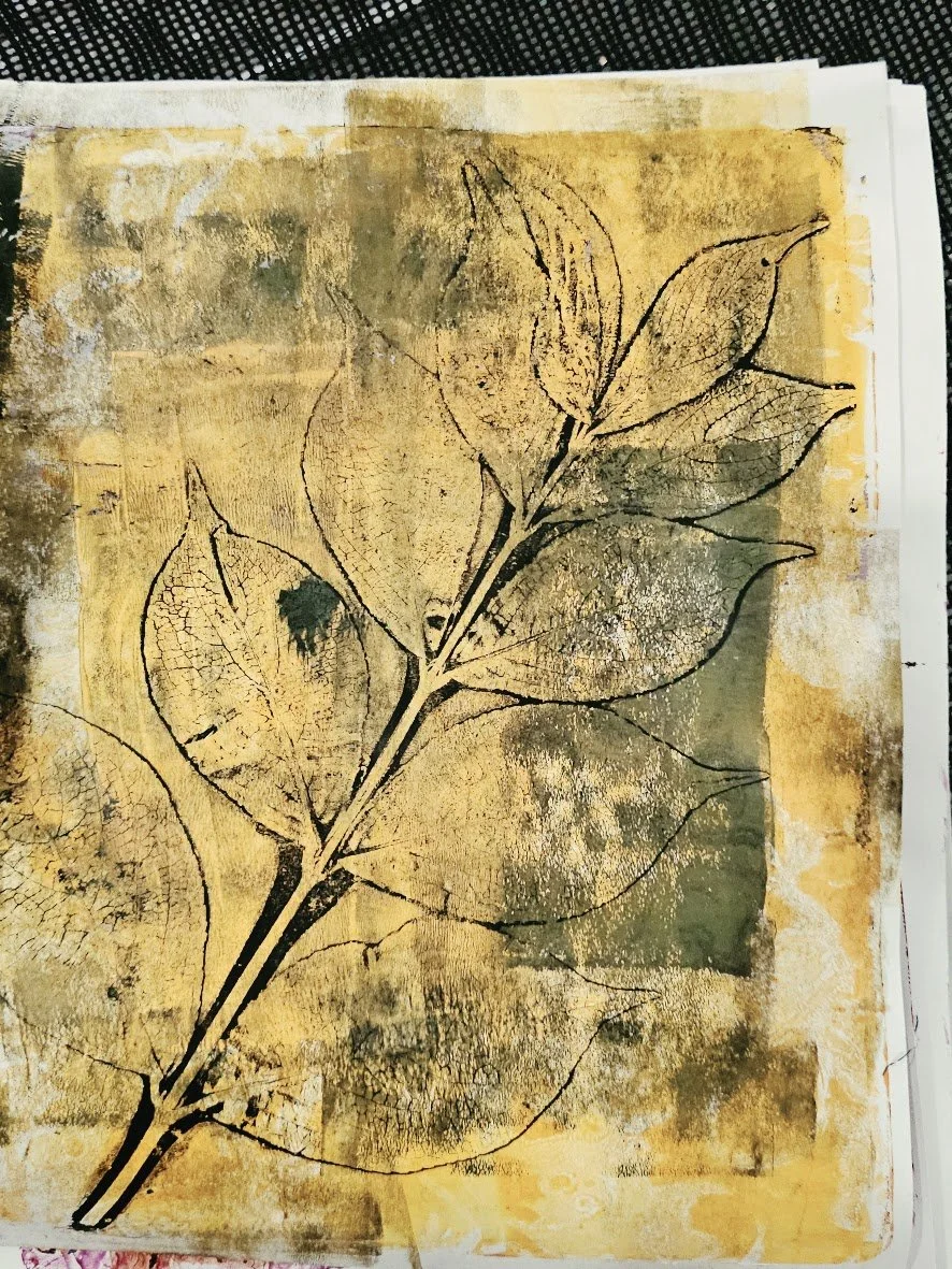 A botanical illustration of a leaf with detailed vein structures, printed on yellowed, textured paper with an aged appearance.