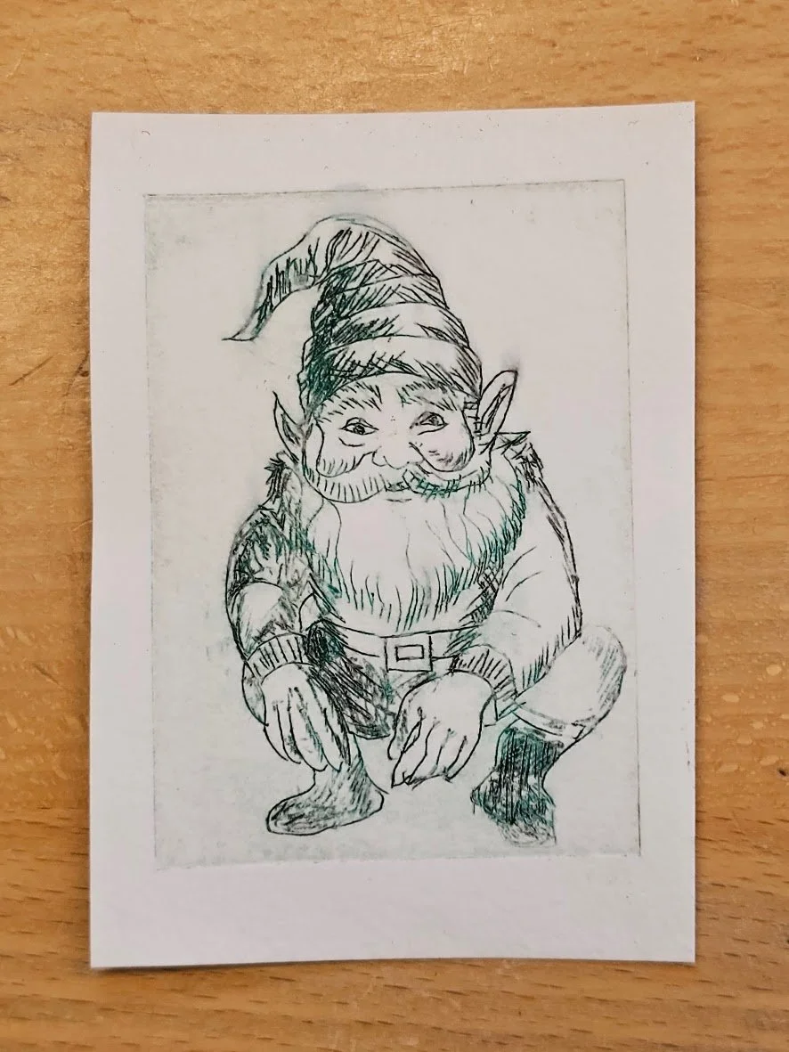 A sketch of a gnome with a long beard, pointy ears, and wearing a tall, pointed hat, crouching on a wooden surface.