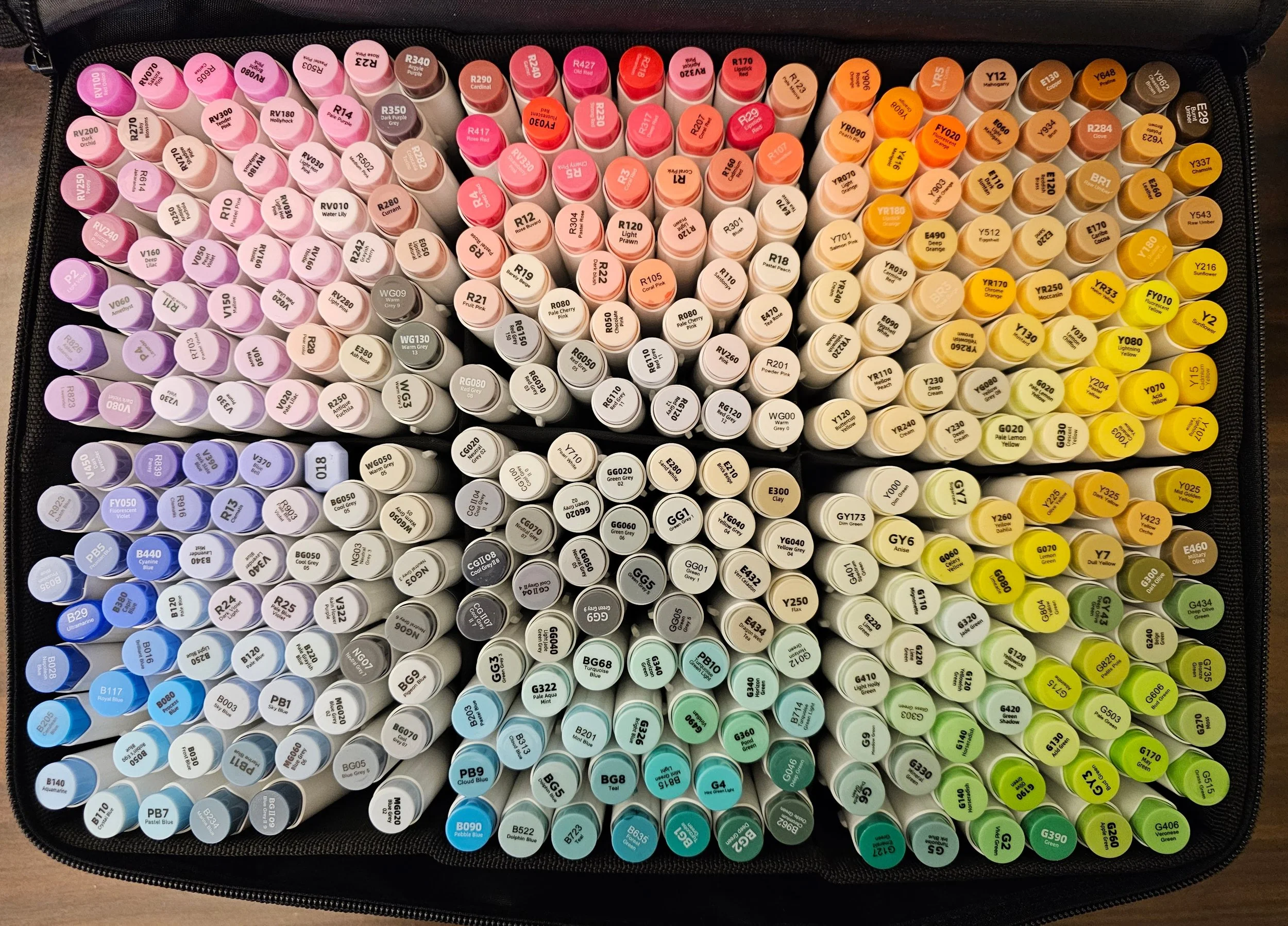 A collection of colorful paint markers arranged in rows inside a black carrying case, organized by color families.