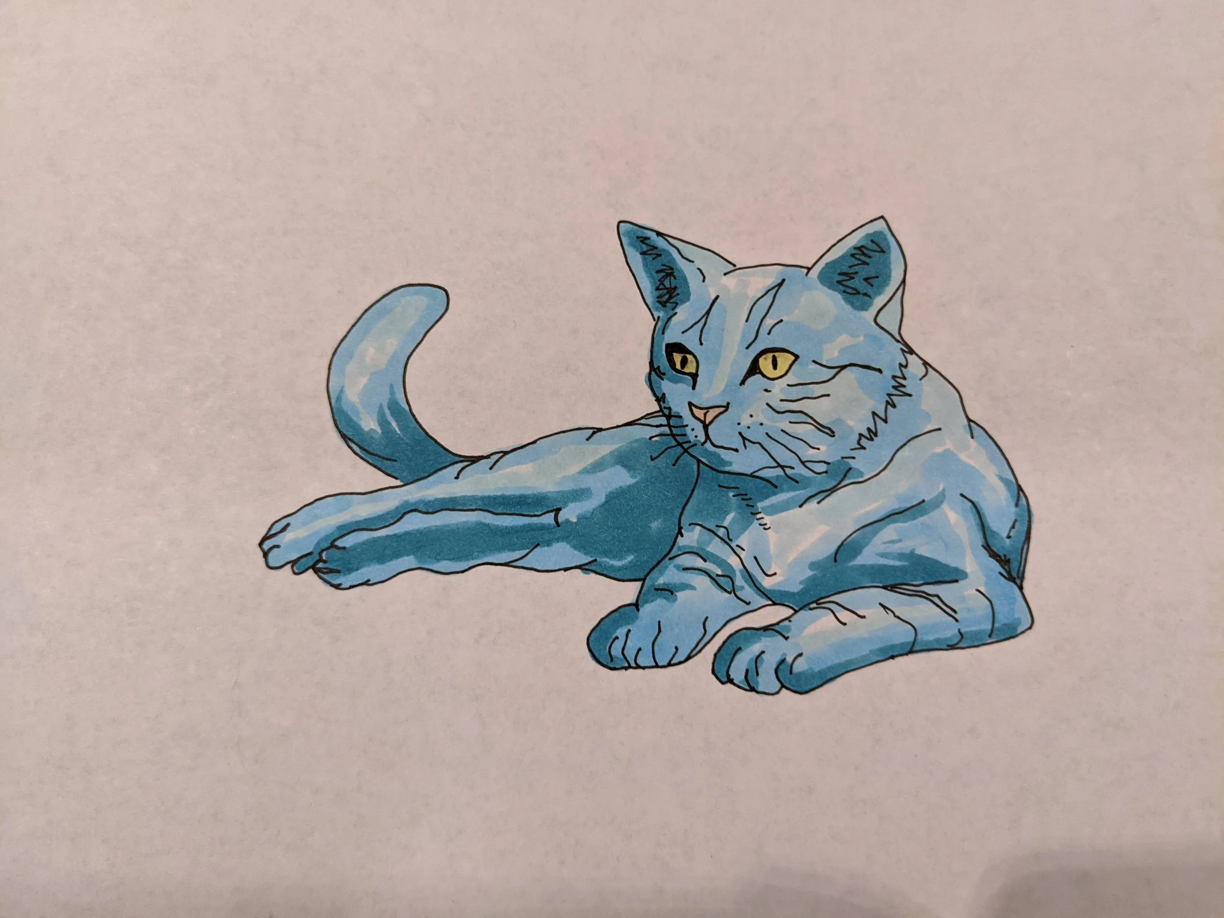 A drawing of a blue tabby cat with yellow eyes, lying on its side with one paw extended and its tail curled, on a white background.