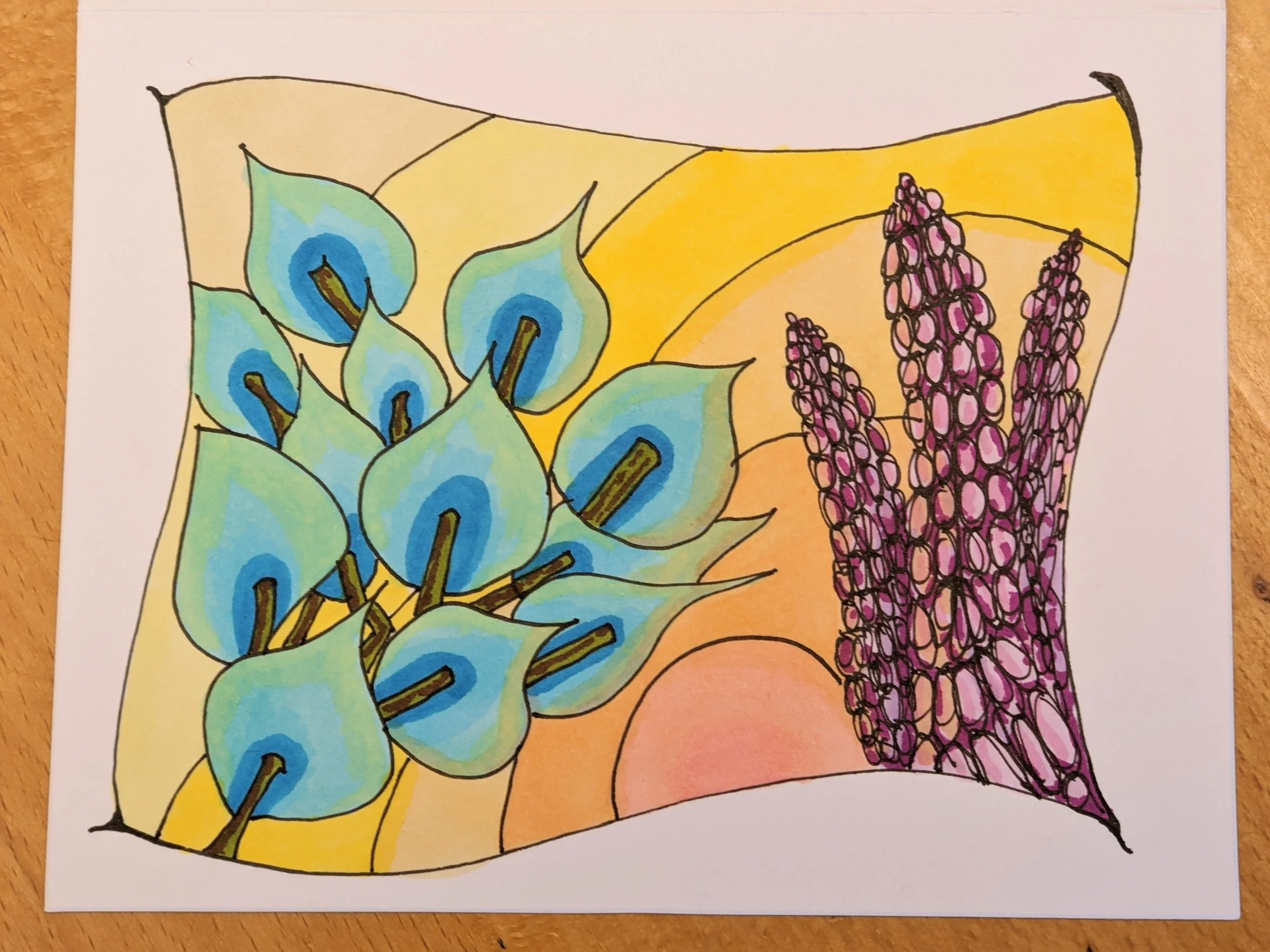 Drawing of a cluster of blue peacock feathers on the left and a bunch of purple lavender flowers on the right, with a yellow background.