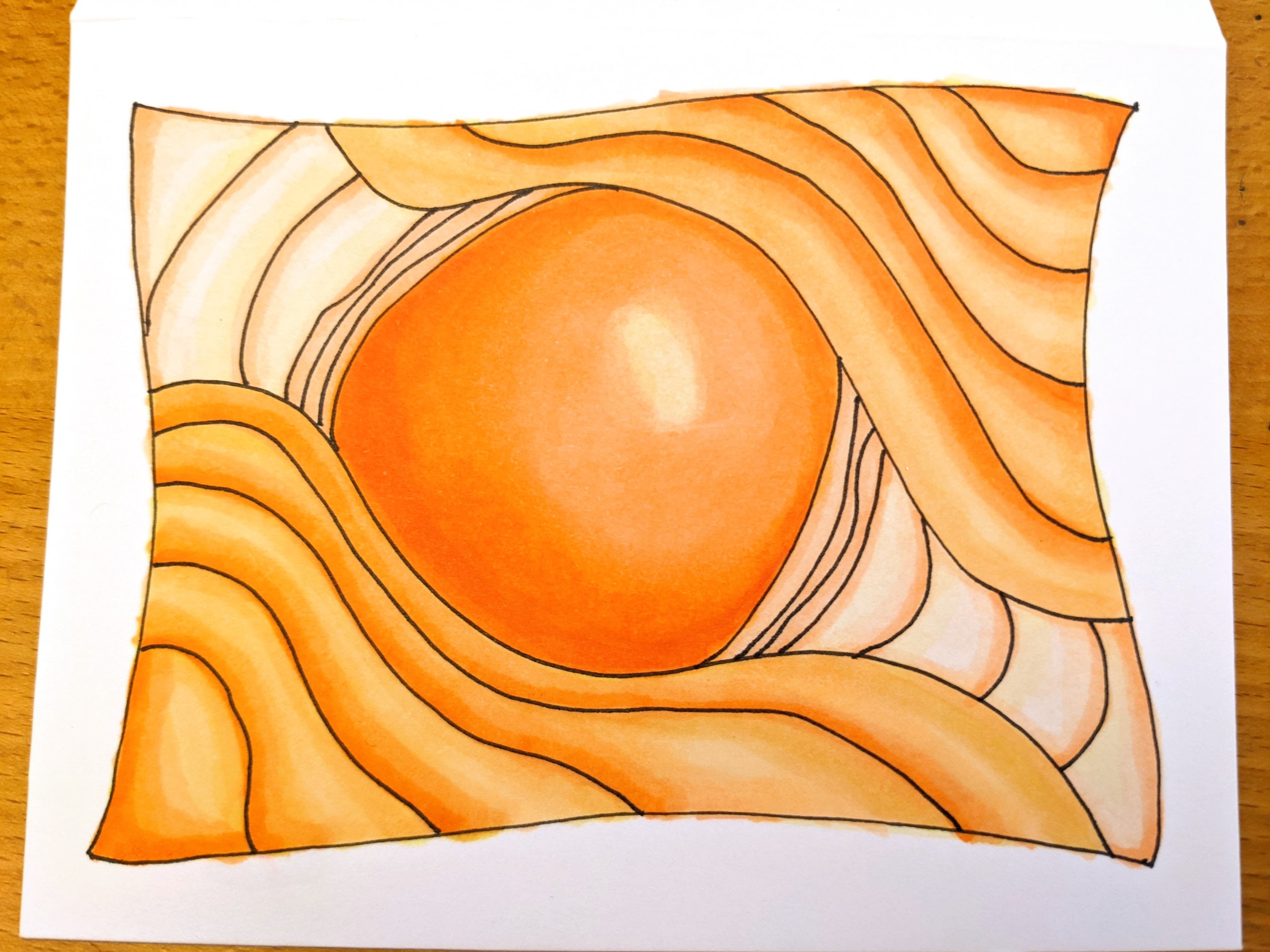 A hand-drawn abstract art piece featuring creamy and orange colored shapes with black outlines, resembling a stylized sun or glowing orb surrounded by flowing shapes.