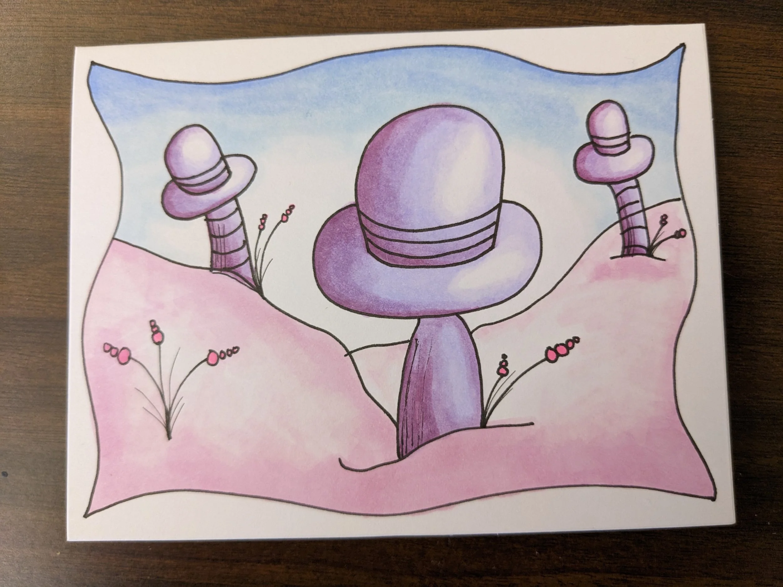 A hand-drawn watercolor illustration of a person with purple skin wearing a large purple hat, surrounded by pink flowers and a pastel pink background.