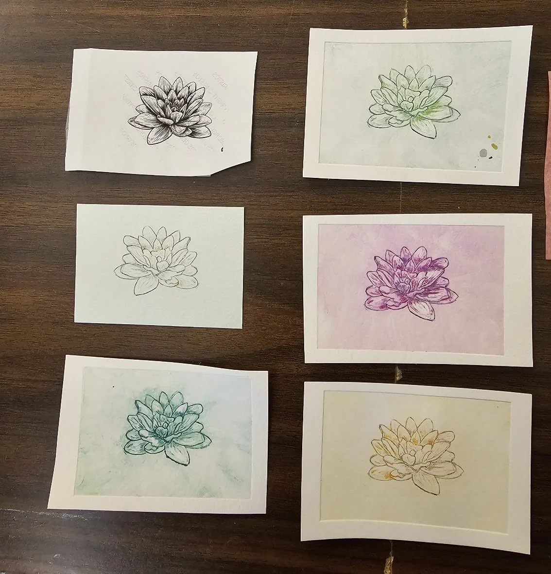 Six pieces of paper with different flower sketches and watercolor backgrounds arranged on a wooden surface.