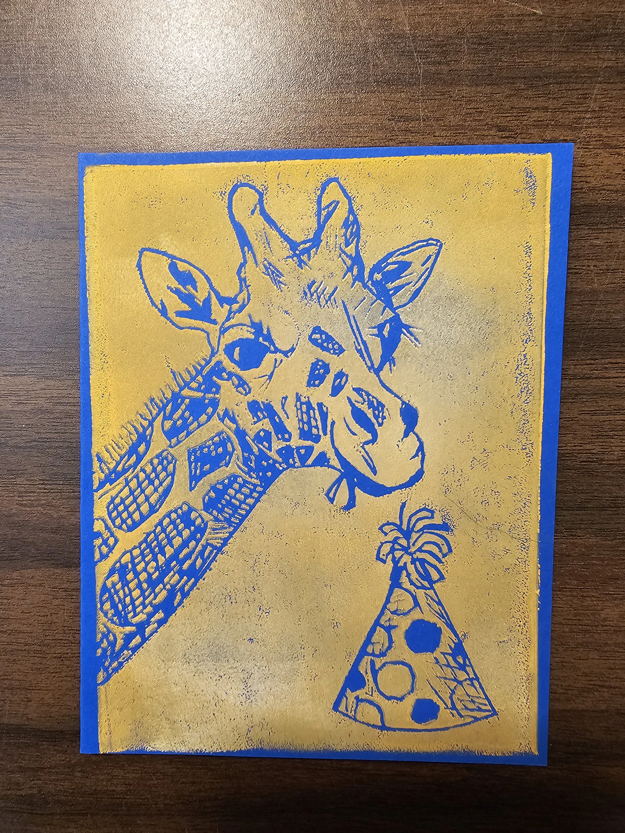 Colorful illustration of giraffe with plants on a yellow background.