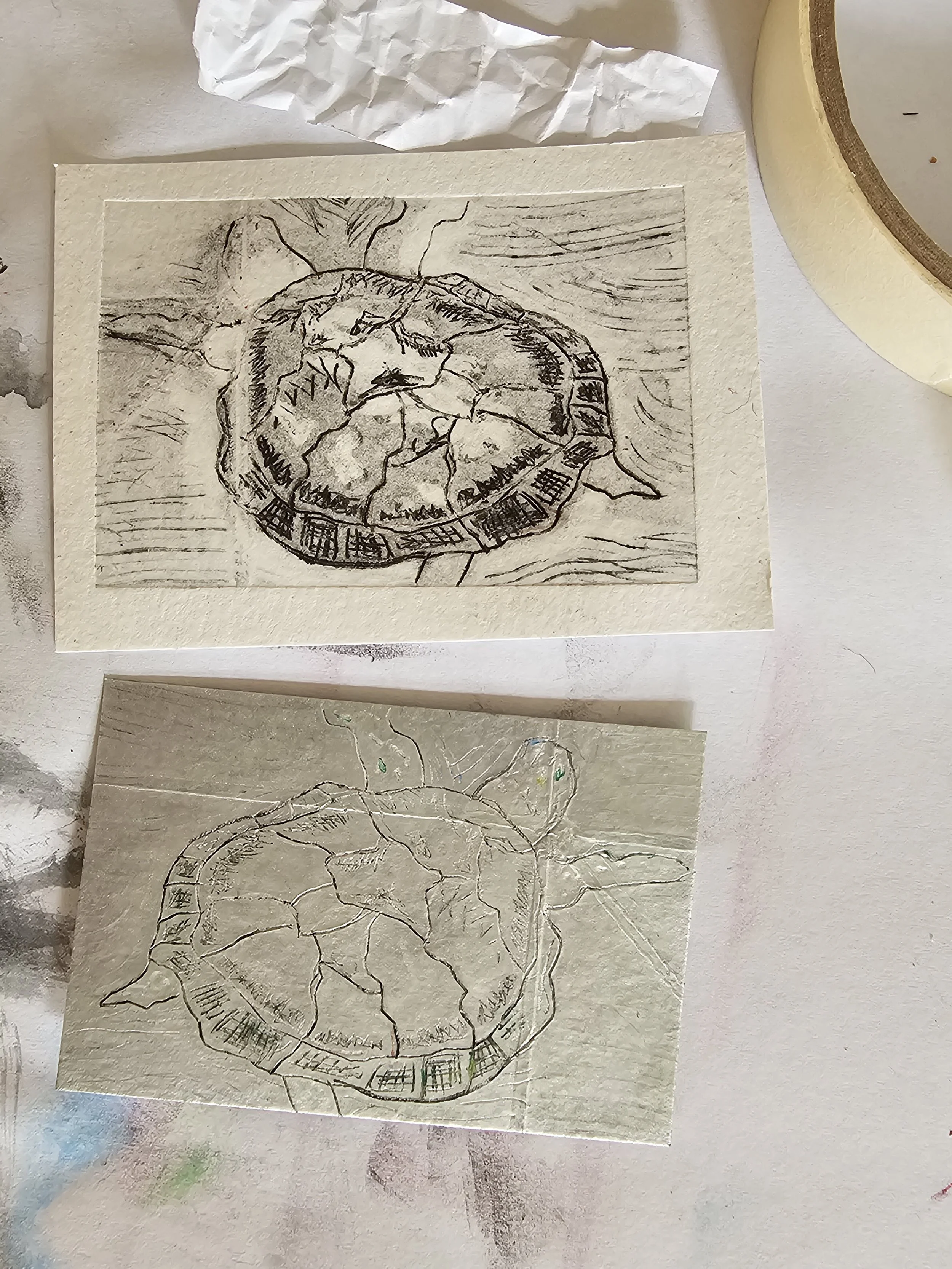 A detailed black and white sketch of a leaf with visible veins and a circular section with a map-like design, possibly showing a city or landscape, on textured paper.