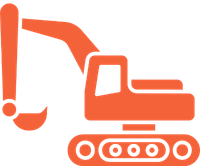 Icon of an orange excavator with a bucket arm and tracks