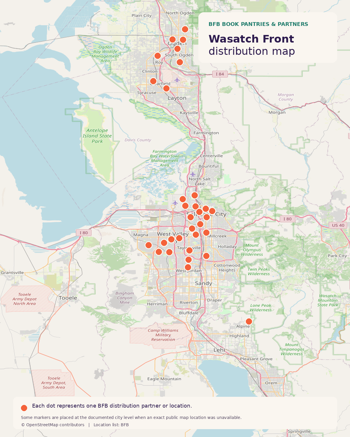 Distribution map of BFB partners or locations in the Wasatch Front, marked with orange dots. Map includes Salt Lake City, West Valley, Sandy, Lehi, and surrounding areas with various landmarks and parks visible.