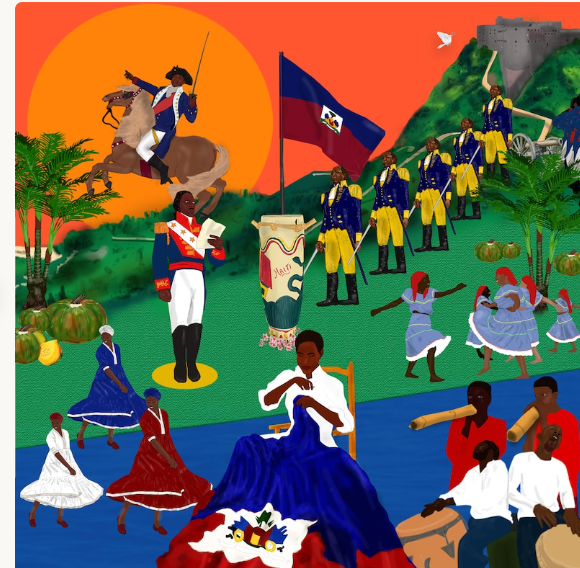 Haitian celebration scene with dancers, musicians, a flag, and a person riding a horse in front of a sunset, with lush greenery, mountains, and historical landmarks in the background.