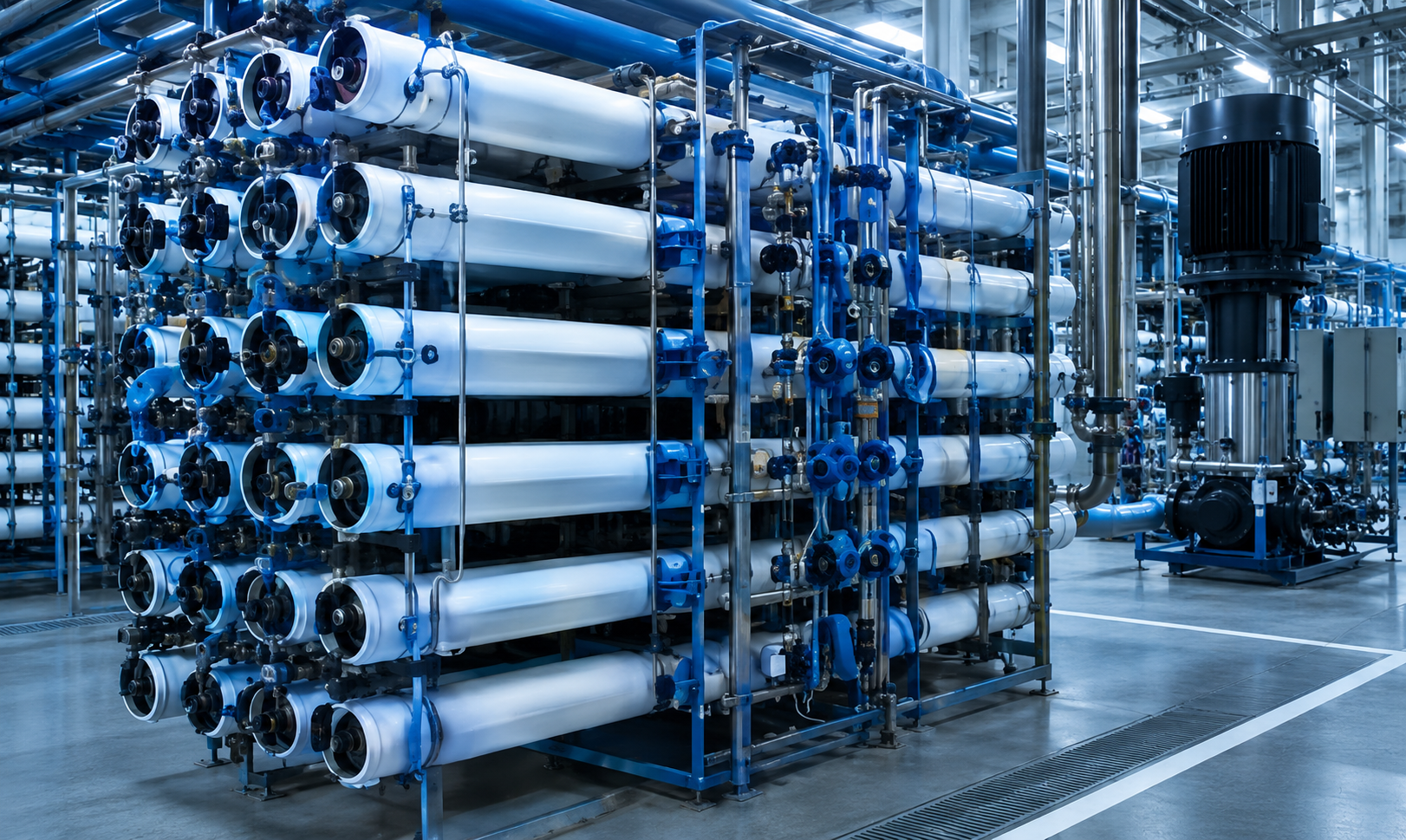 Industrial water filtration system with multiple white filter housings and blue valves in a factory setting.