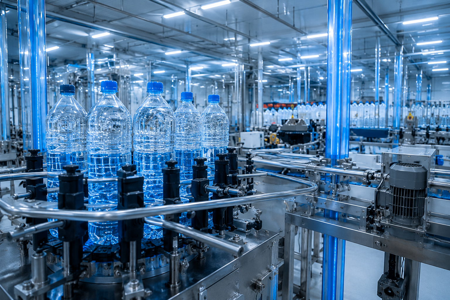 Bottled water production line with plastic bottles moving through automated machinery in a high-tech factory.
