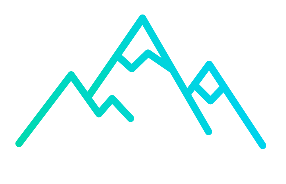 A stylized, three-dimensional icon of a mountain with a sun or moon above, depicted in shades of blue and teal.