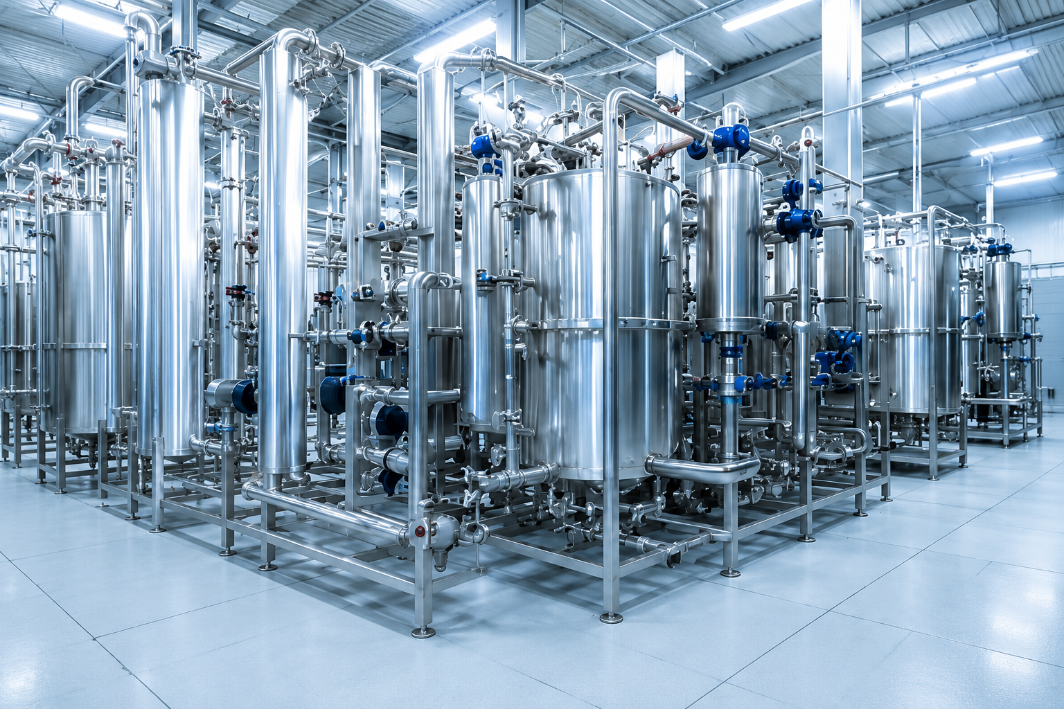 Industrial equipment with stainless steel tanks, pipes, and valves in a manufacturing facility.