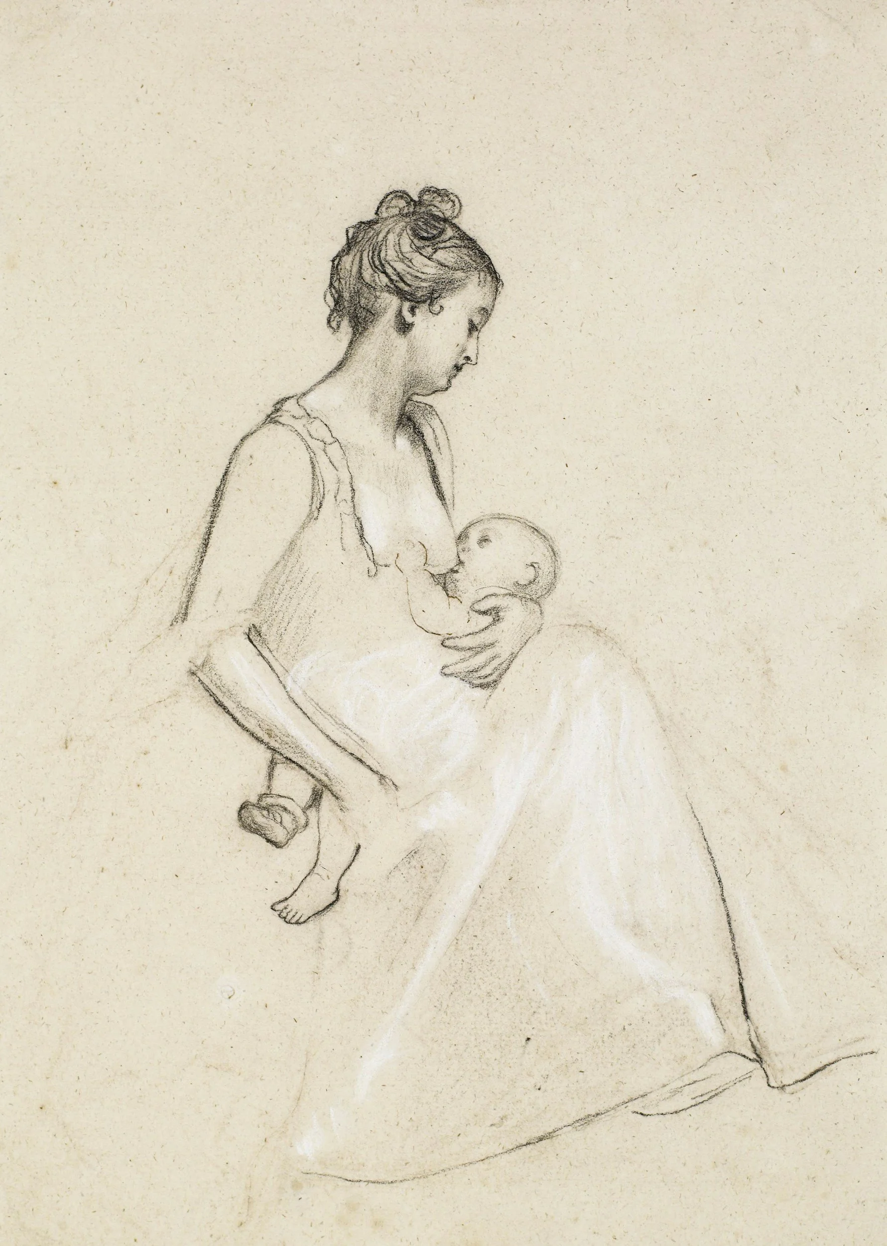A pencil sketch of a nursing mother holding a baby with her head bowed