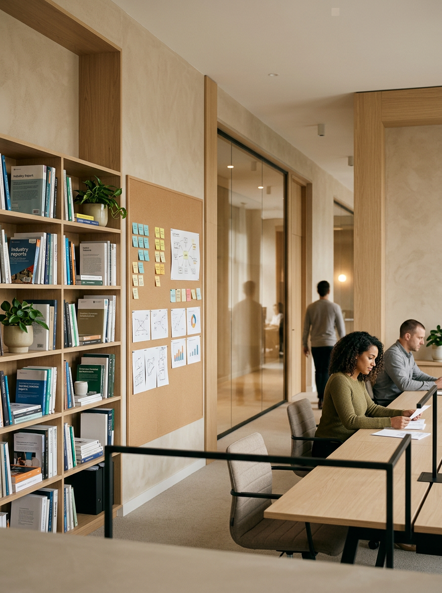 Office space with two people working at desks, bookshelves, and a corkboard with charts and notes on the wall.