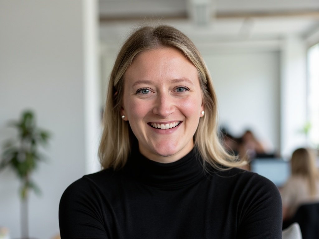 A woman with shoulder-length blonde hair, wearing a black turtleneck, smiling at the camera in an office setting.