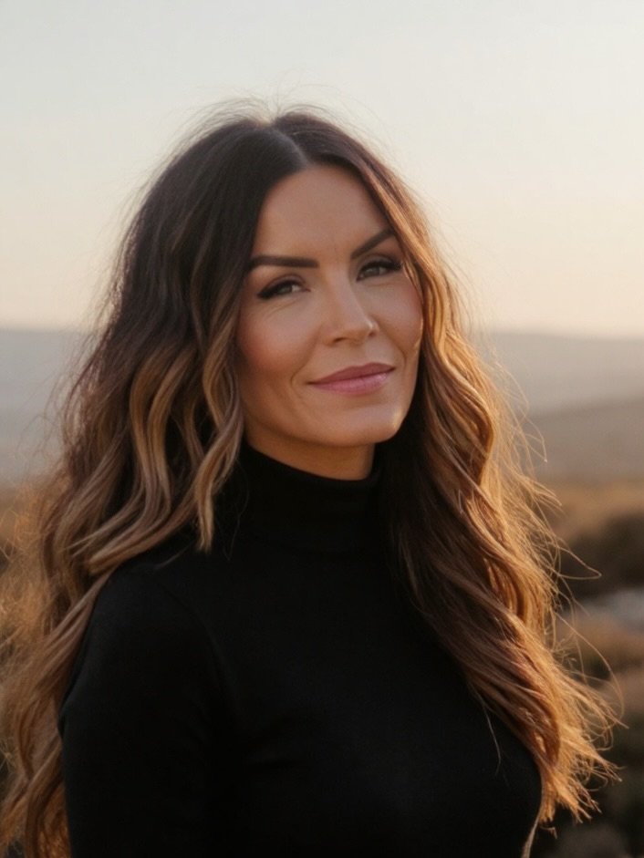 A woman with long, wavy brown hair and subtle makeup standing outdoors at sunset, wearing a black turtleneck.
