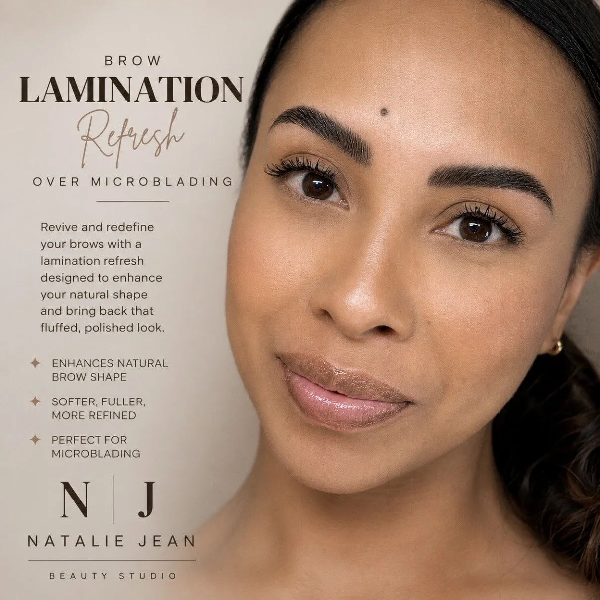 Brow lamination for fuller, beautifully defined brows at Natalie Jean Beauty Studio in Bountiful, Utah.
