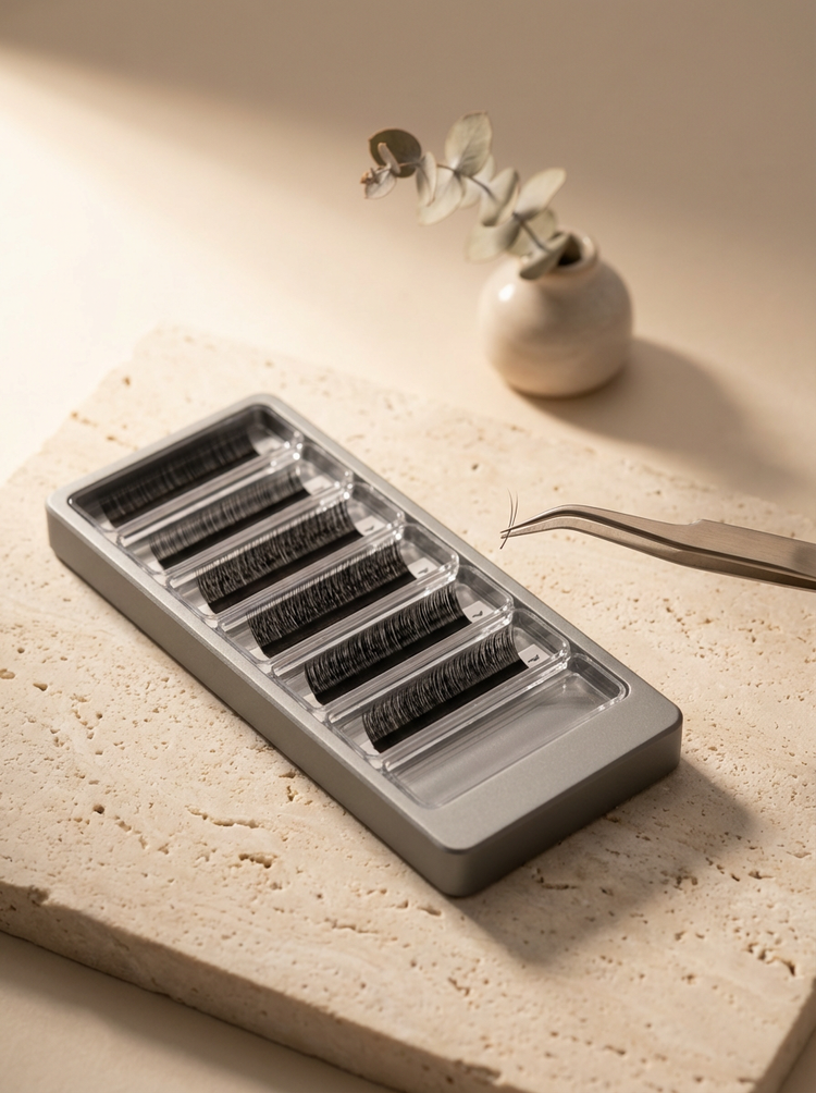 A beauty salon display case with black eyelash extensions, pair of tweezers holding a false eyelash, and a small vase with dried leaves, on a textured beige surface.