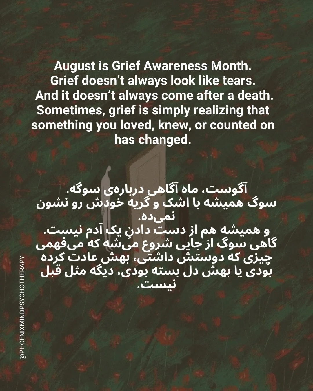 August is Grief Awareness Month.

When we hear grief, we often think of losing someone to death. But grief can also follow a relationship, a home, a version of ourselves, a future we imagined, or a life we thought we would have.

Some losses have no 
