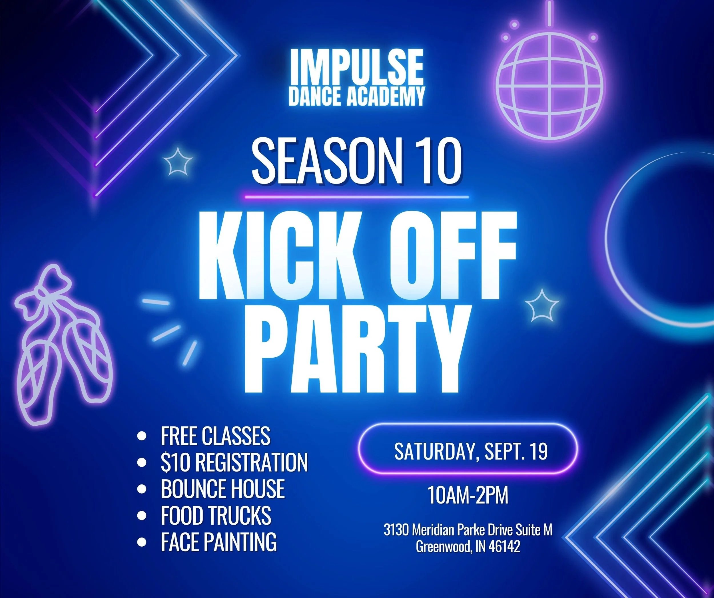 Announcing our SEASON TEN KICK OFF PARTY✨✨✨✨💙💙💙💙💙💙 
join us on Saturday, Sept. 19th from 10am-2pm 

💙 Free Classes (ages 2+)
💙 $10 Registration (regular $40)
💙 Bounce House
💙 Food Trucks
💙 Face Painting

Can&rsquo;t wait to see all of our 