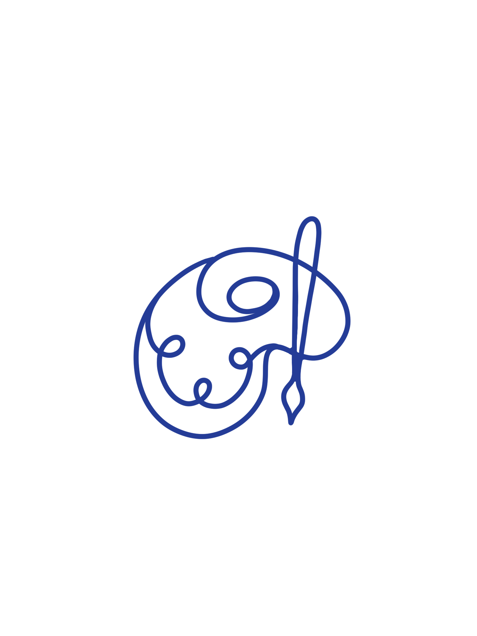 Dibujo de un círculo azul con la palabra "eat" en letras cursivas y un palillo atravesándola, sobre un fondo negro.